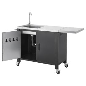 Outdoor Grill Cart with Sink and Storage Cabinet, 52 Inch Grill Table, Waterproof Kitchen Island with Stainless Steel Top, Spice Rack, Wheel