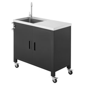 Outdoor Grill Cart with Sink and Storage Cabinet, 38 Inch Grill Table, Waterproof Kitchen Island with Stainless Steel Top, Spice Rack, Wheel