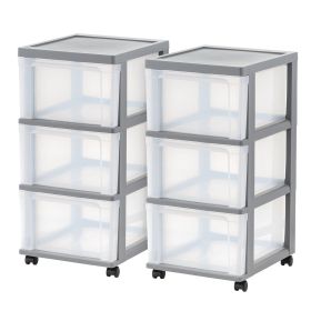 3-Drawer Narrow Plastic Storage Drawer Cart, Gray, Set of 2