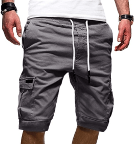 Men Casual Chino Cargo Shorts Elastic Waist Drawstring 6 Pockets Summer Trousers (Waist Size (inch): 34" - 36", Color: Gray)