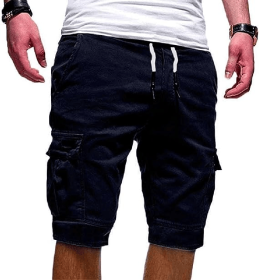 Men Casual Chino Cargo Shorts Elastic Waist Drawstring 6 Pockets Summer Trousers (Waist Size (inch): 32" - 34", Color: Navy blue)