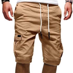Men Casual Chino Cargo Shorts Elastic Waist Drawstring 6 Pockets Summer Trousers (Waist Size (inch): 32" - 34", Color: Khaki)